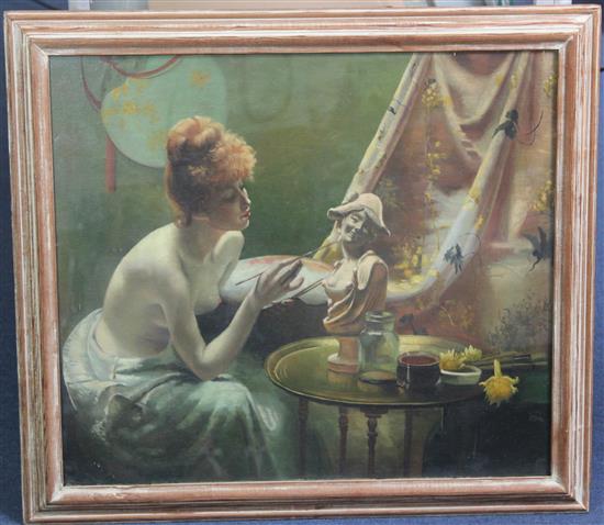 English School Topless artist painting a bust, 21 x 24in.